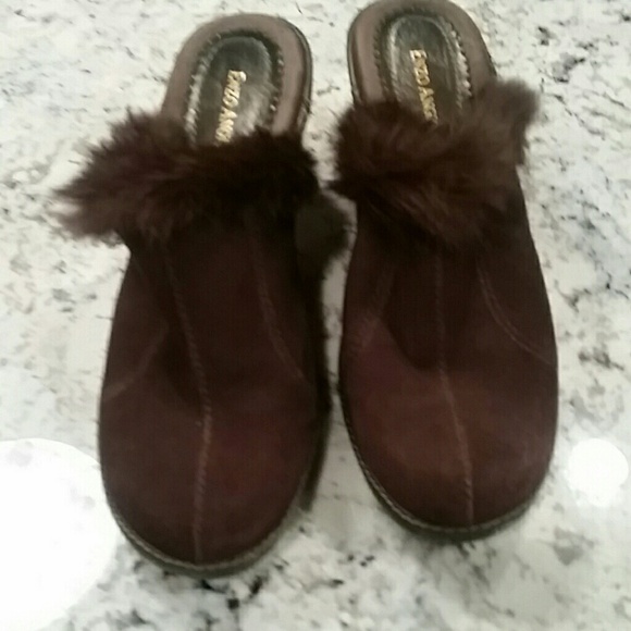 Enzo Angiolini Brown Suede Fur Trimmed Clogs EUC - Picture 2 of 8